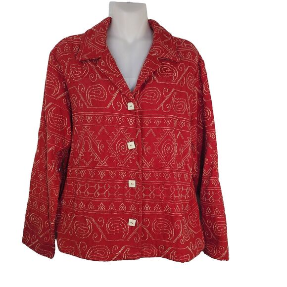 Coldwater Creek Womens Jacket Small Red Cream Embroidered Aztec Southwestern - Picture 1 of 9
